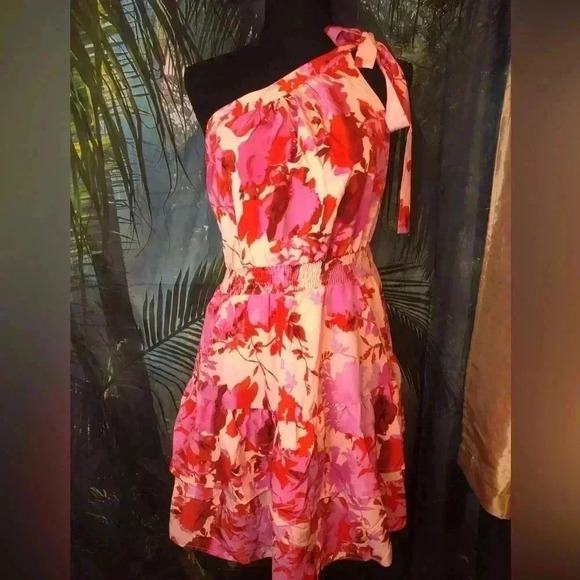 Pink and Red Floral Tie Front One Shoulder Knee-Length Sundress - Picture 2 of 12